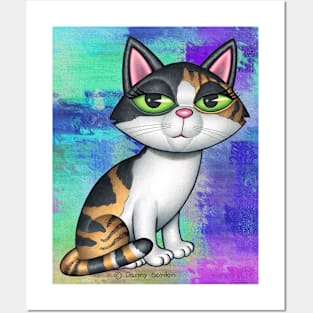 Beautiful Calico Kitty Cat on blue, green, purplish background Posters and Art